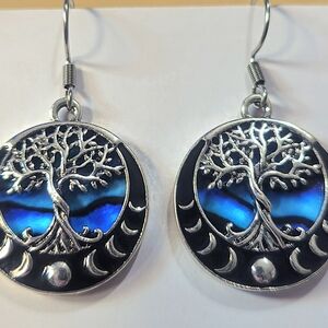 Stunning Silver-Tone Tree of Life Abalone Drop Earrings New